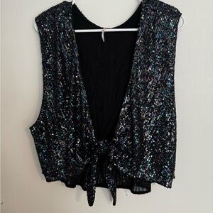 Free People Black Sequin Tie-Front Crop Top